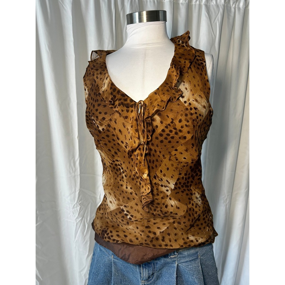 ICE Brown Animal Print 100% Silk Ruffle Neck Sleeveless Blouse Plus Size 1X